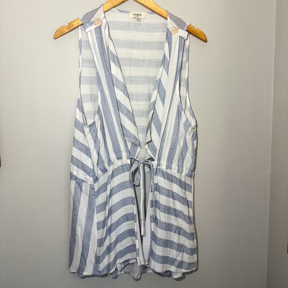 Umgee USA Blue White Striped Sleeveless Tie Front Cardigan Vest Tunic Small